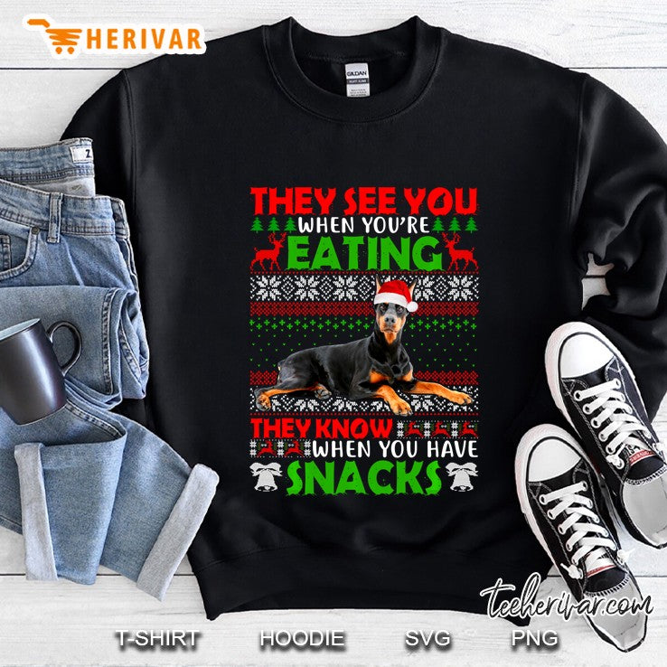 Ugly Sweater Doberman They See You Eating Christmas