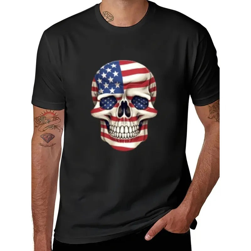 2024 New American Flag Skull short sleeve cotton T-shirt Made in USA Hoodie, Sweatshirt | UrbanDripWear.com