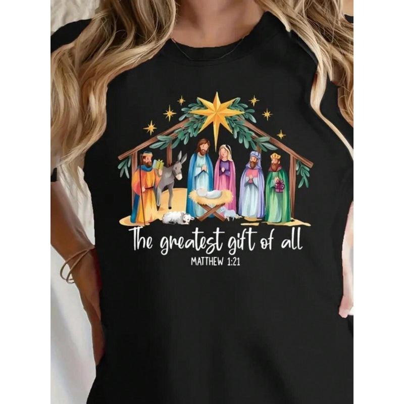 2025 New Women's Black Christmas Scene Pattern T-Shirt - Soft Stretch Round Neck Short Sleeve Casual Top With Star And...