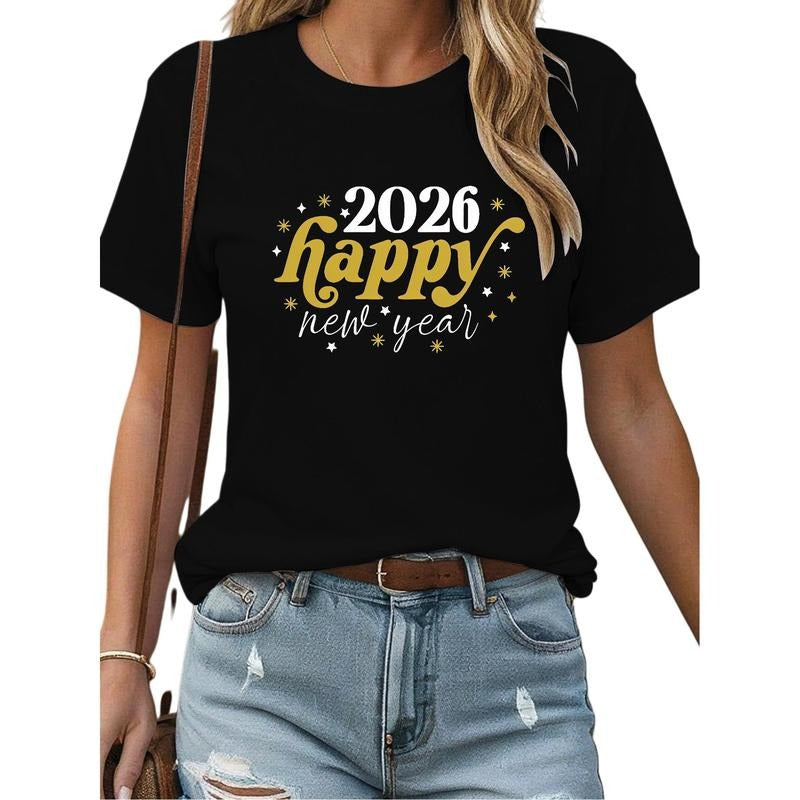 2026 New Year Short Sleeve T-Shirt with Typography and Star Graphic for Party Wear Hoodie, Sweatshirt | UrbanDripWear.com