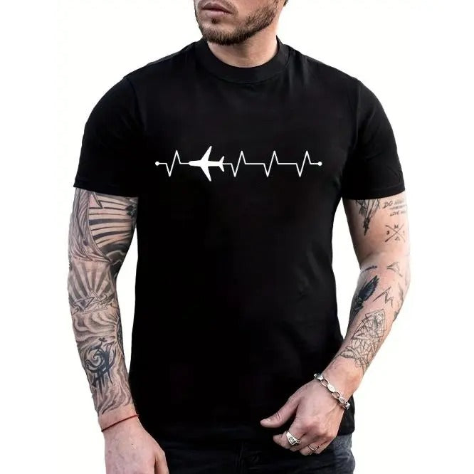 3D Heartbeat & Airplane Graphic Print Short Sleeve Crew Neck T-Shirt