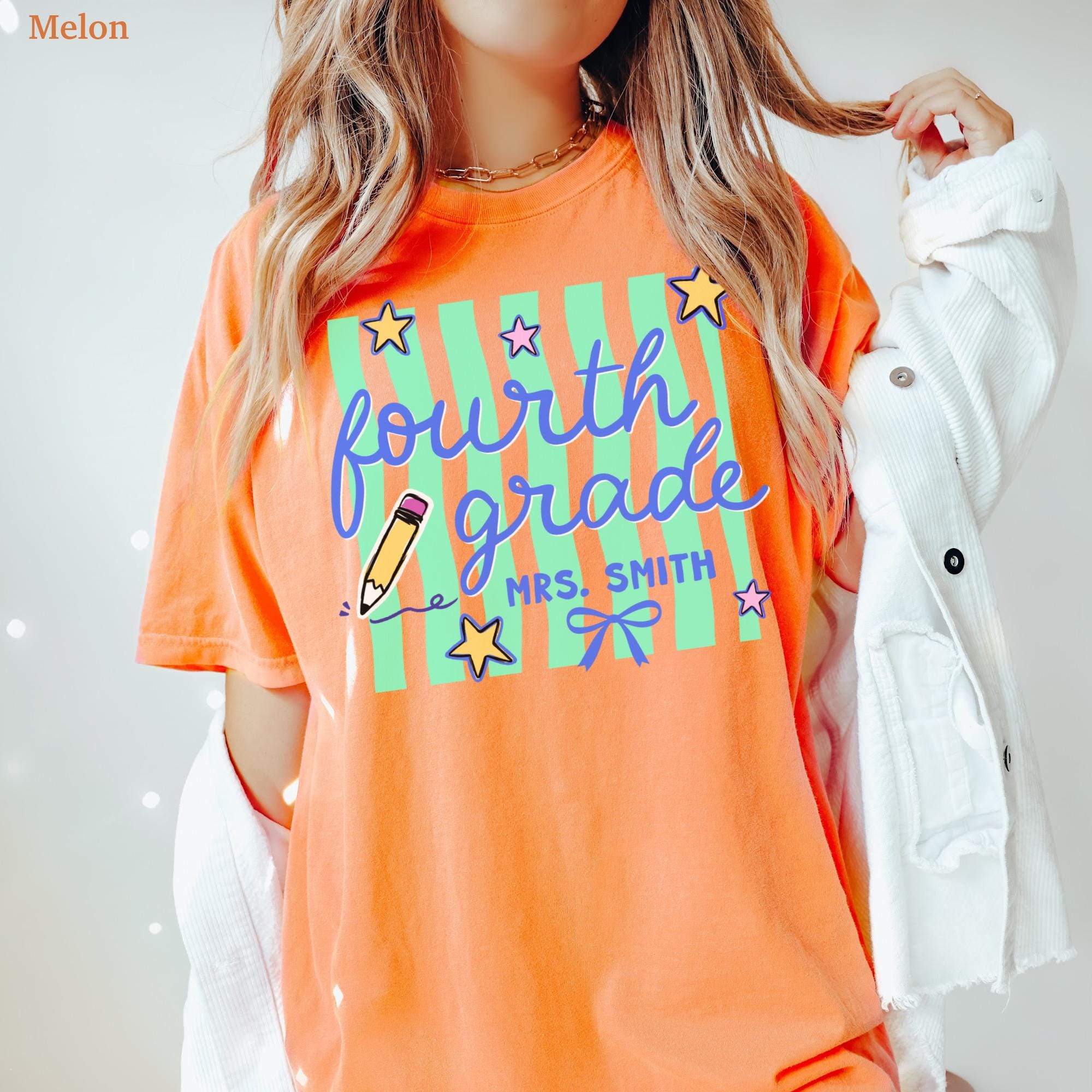 Fourth Grade Teacher Comfort Colors Personalized 4th Grade Teacher Retro Wavy Stripes Tee Custom Fourth Grade Teacher (5)