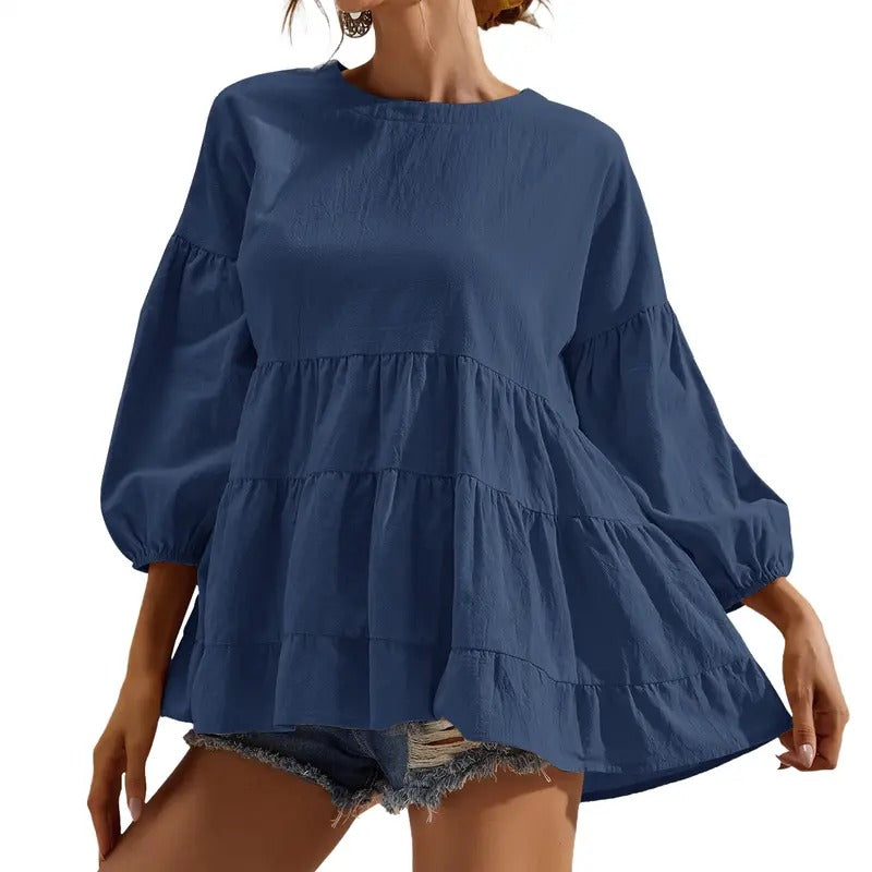 Womens Peplum Tops 3/4 Lantern Sleeve Crewneck Loose Babydoll Shirt Blouse Red Hoodie, Sweatshirt | UrbanDripWear.com