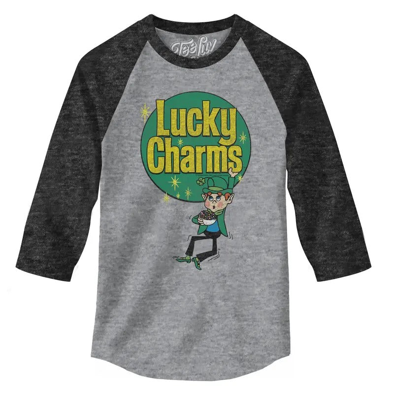 Lucky Charms Retro Logo 3/4 Sleeve Raglan Jersey T-Shirt - Gray and Black Hoodie, Sweatshirt | UrbanDripWear.com