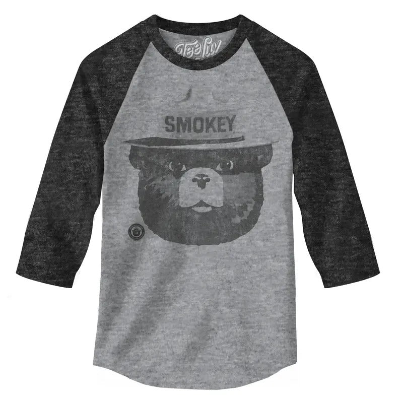 Smokey Bear 3/4 Sleeve Raglan T-Shirt - Gray and Black Hoodie, Sweatshirt | UrbanDripWear.com