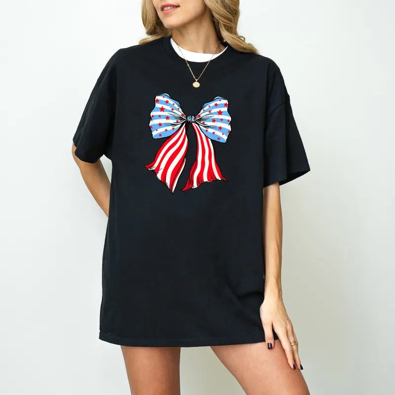 4th of July Bow Shirt, Coquette Aesthetic Patriotic TShirt, Cute Independence Day Tee, American Girly Gift, Fourth of...