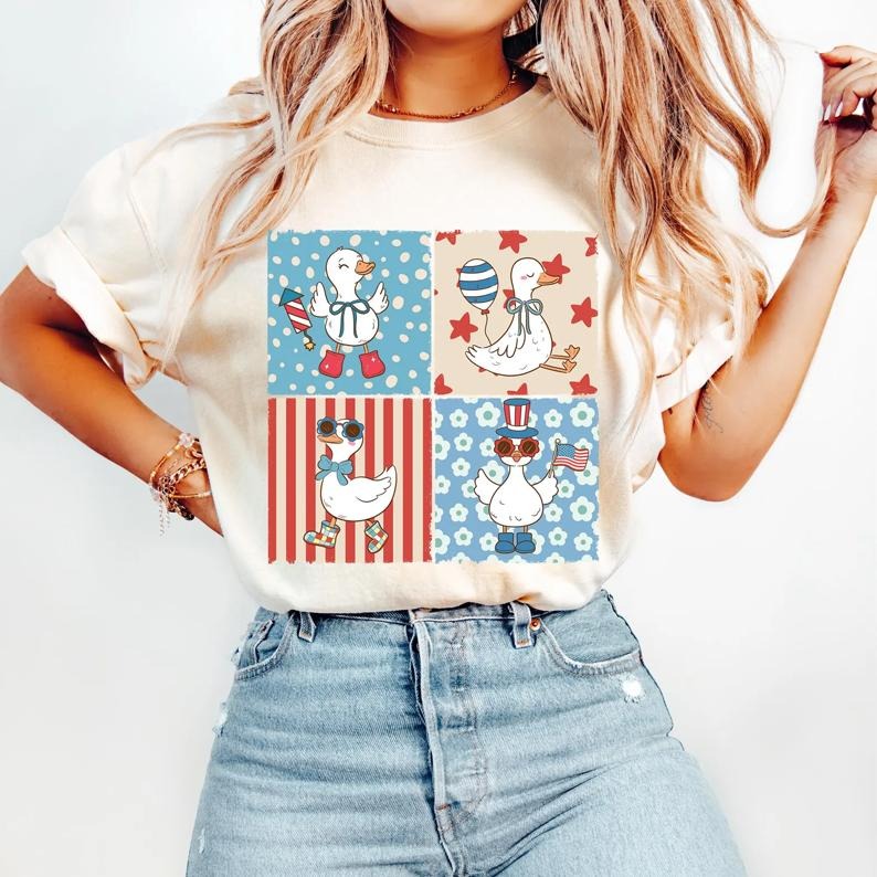 4th of July Goose Shirt, Patriotic Goose Tee, America Coquette Shirt, Memorial Day, Funny USA, Retro Checkered Hoodie,...
