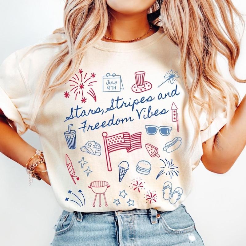 4th of July Shirt Women Fourth of July T Shirt Independence Day Tshirt Cute Doodle Shirt Patriotic Mama Shirt for July...