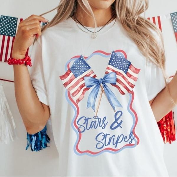 4th of July T-Shirt, USA Flag Shirt, Coquette Bow Stars & Stripes Patriotic Tee, Hoodie, Sweatshirt | UrbanDripWear.com