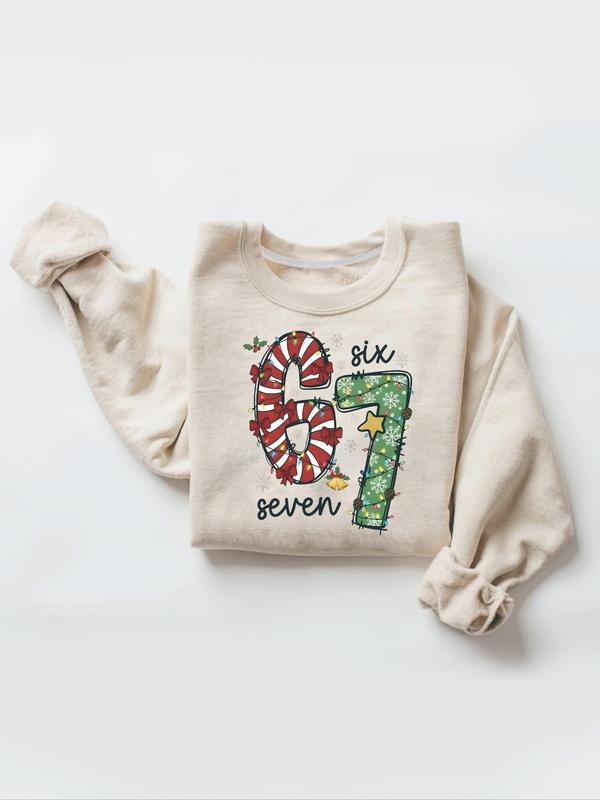 "67 Six Seven" Fun Christmas Crew Neck Sweatshirt, a sweatshirt with festive digital art, the perfect gift for Christmas lovers and digital enthusiasts. It is suitable for holiday parties, casual dates, and festive outfits. It features a unique design wit