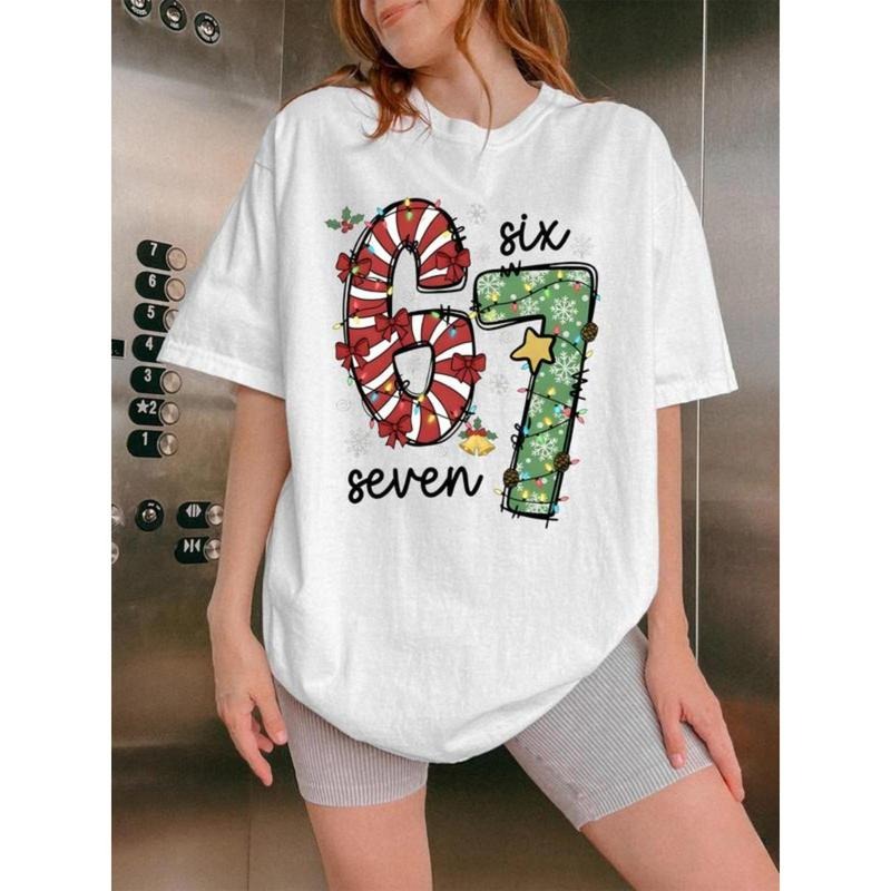 "67 Six Seven" Fun Christmas T-shirt, a T-shirt with festive digital art, the perfect gift for Christmas lovers and digital enthusiasts. It is suitable for holiday parties, casual dates, and festive outfits. It features a unique design with funny digital
