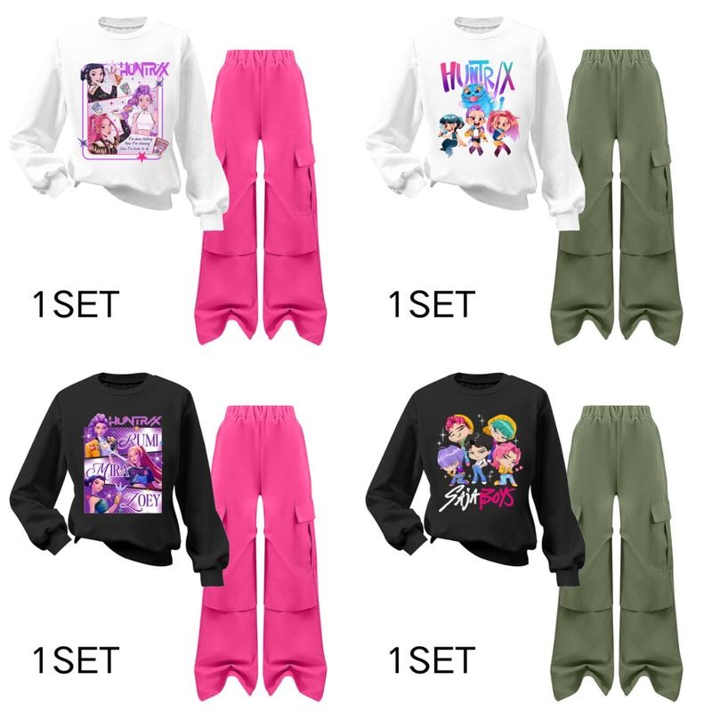 7-13T 1 SET Tween Girls Outfit Graphic Print Long Sleeve CrevNeck Sweatshirt & Overalls Set for Winter Fall Casual Wear...