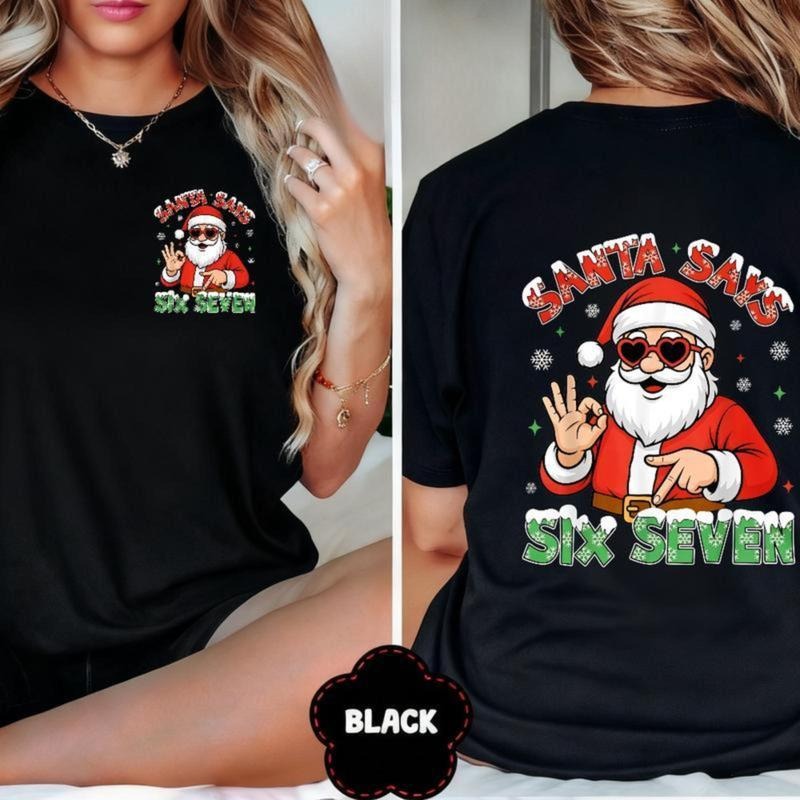 Funny 67/6/7 Christmas Santa Claus T-Shirt  Christmas T Shirt Black Santa Claus With Heart Glasses Six Seven Snowflake...