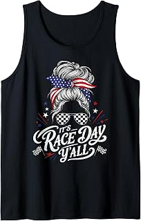 Race Day Hair Bun USA American Flag Sunglasses Design Tank Top