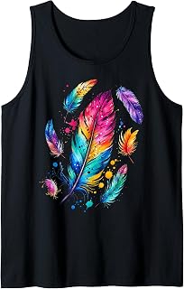 Vibrant Watercolor Feather Design Tank Top