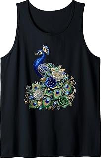 Elegant Blue Peacock with Roses Feathers Bloom Tank Top
