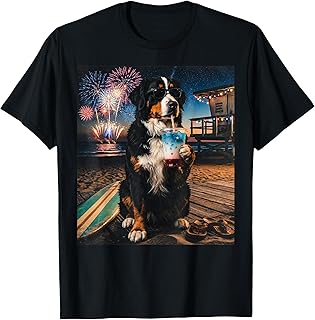 Patriotic Bernese Mountain Dog Beach Fireworks Summer Art T-Shirt