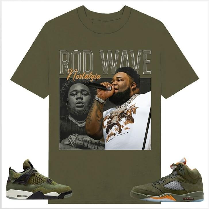 90s Rod Wave, Shirt to match A J 4 Retro SE Craft Medium Olive, A J 5 olive, Shirt to matching Sneaker Hoodie, Sweatshirt