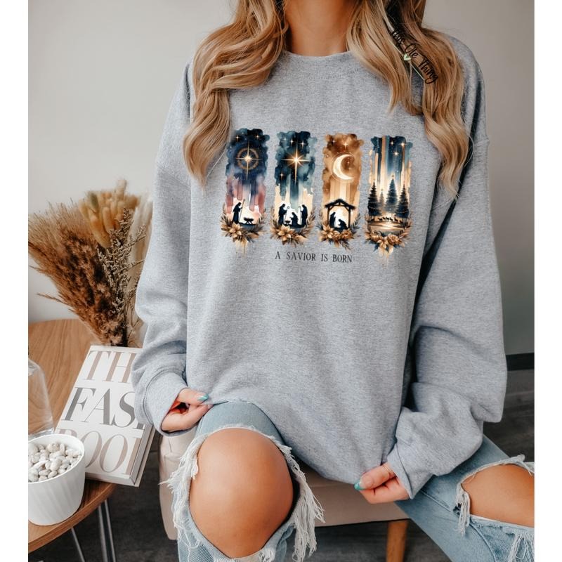 A Savior Is Born Women's Sweatshirt Long Sleeve Pullover Crewneck Top with Festive Nativity Scene Print T-Shirts, Hoodie