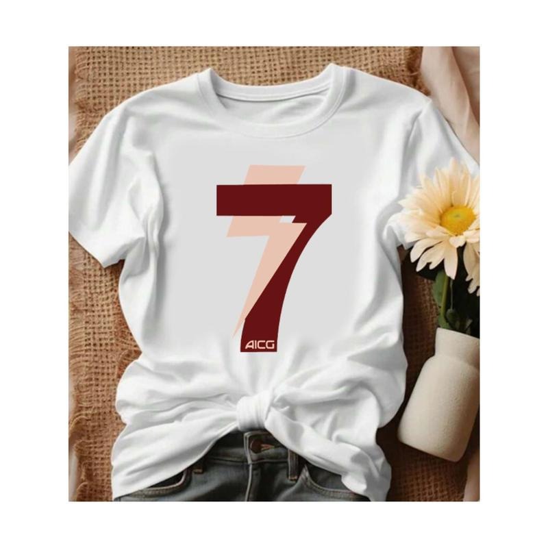 A Women'S Casual Pure Loose T-Shirt with Trendy Printing, Round Neck, Short Sleeves, Comfortable And Breathable, Knitted...