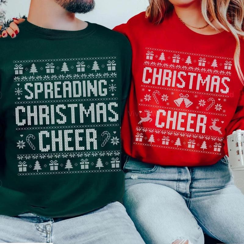 A cute couples ugly Christmas sweatshirt set for matching holiday outfits, a festive winter gift idea and adorable...