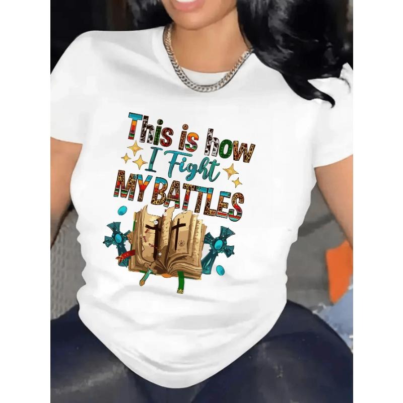 A women's polyester crew neck T-shirt with a geometric "This is how I fight" print, made