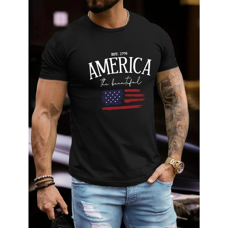 AMERICA EST 1776 Print, Men's Crew Neck Short Sleeve Summer T-shirt, Casual Comfy Top For Daily Wear Made in USA Hoodie,...