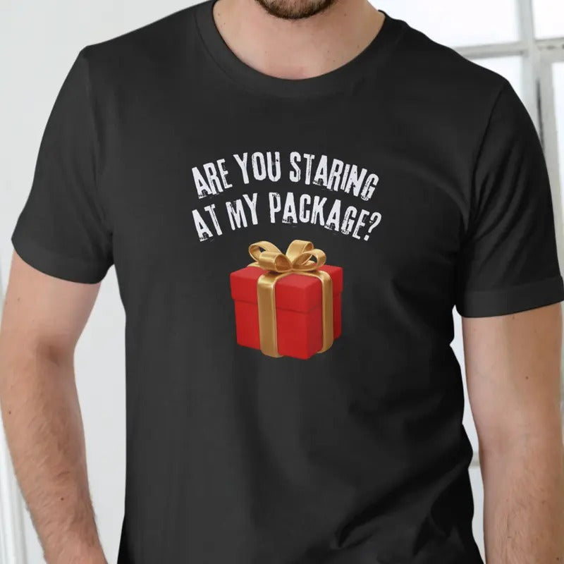 ARE YOU STARING AT MY PACKAGE T Shirt, Christmas Cotton Menswear Hoodie, Sweatshirt | UrbanDripWear.com