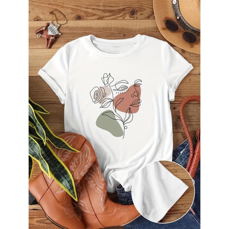 [Abstract Figure Print T-Shirt] Abstract Figure Print Crew Neck T-Shirt, Casual Short Sleeve T-Shirt For Spring & Summer,...