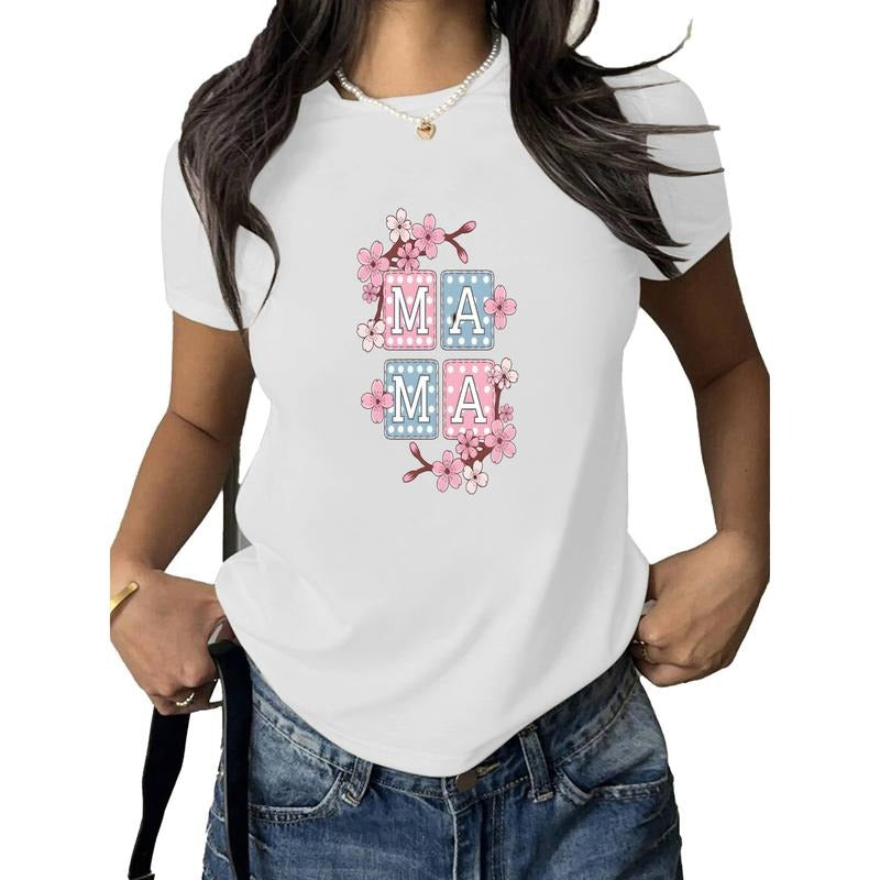 Adorable "MAMA" Graphic Shirt with Polka - dot Blocks and Cherry Blossom Accents Hoodie, Sweatshirt | UrbanDripWear.com