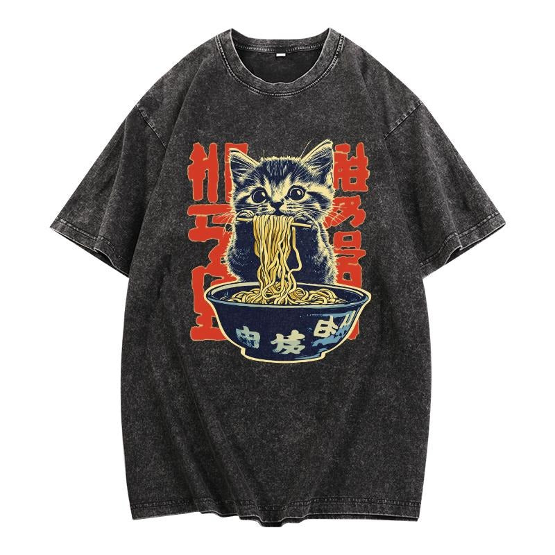 Adorable Washed Women's T - Shirt: Playful Kitten Eating Noodles with Exotic