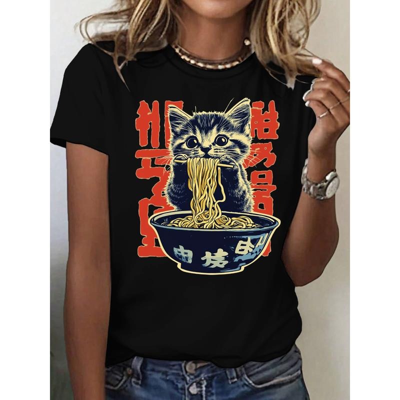 Adorable and Food - themed Women's T - Shirt: Cute Kitten Eating Noodles with Japanese