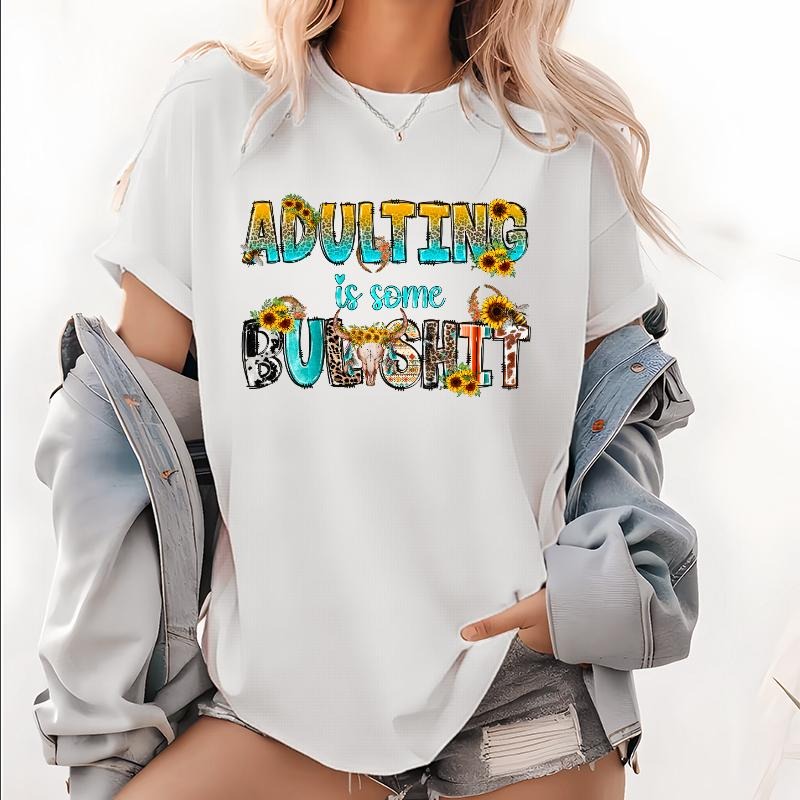 Adulting Bull Skull Western Custom Graphic Tee Short Sleeve T-Shirt Hoodie, Sweatshirt | UrbanDripWear.com