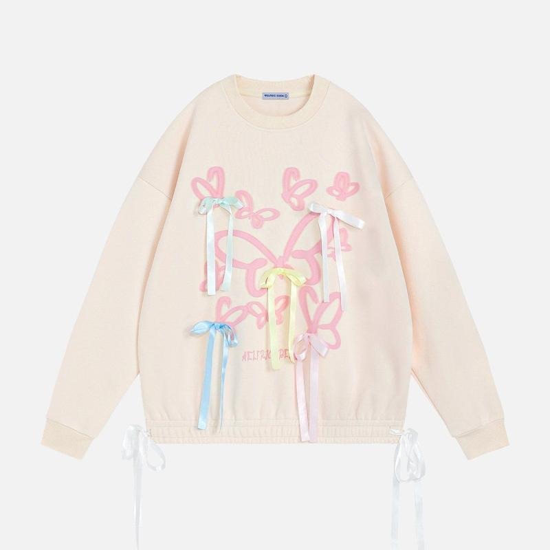 Aelfric Eden Butterfly Bow Sweatshirt Cute Sweet Schoolgirl-style Long-sleeved Hoodless Sweatshirt T-Shirts, Hoodie