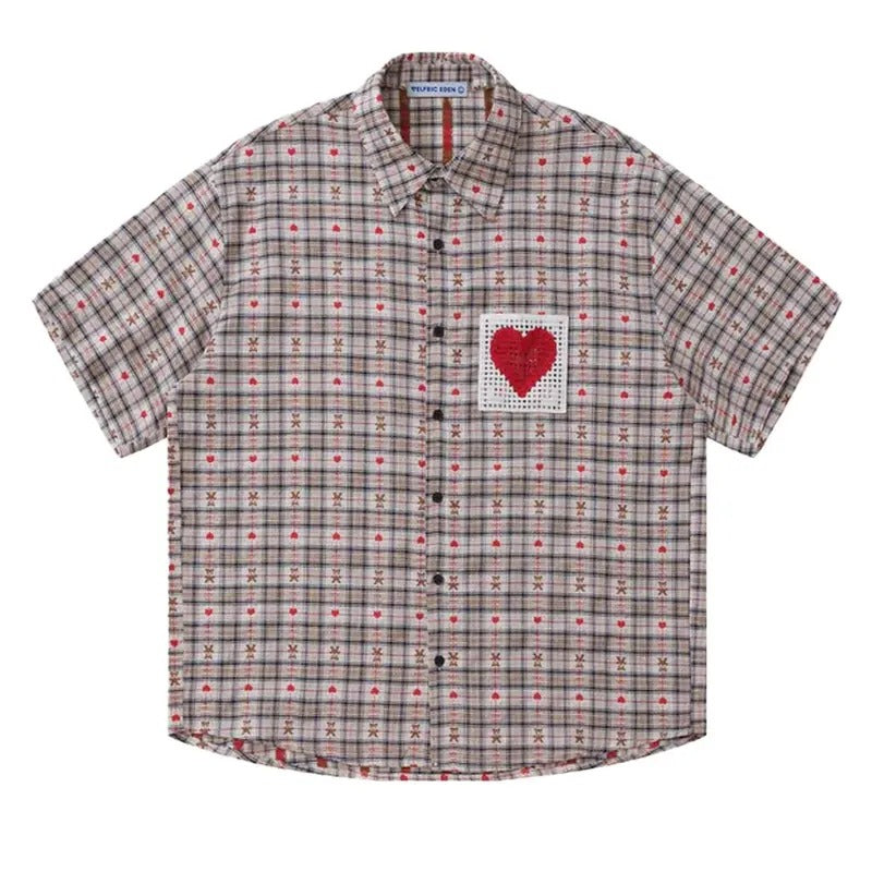 Aelfric Eden Cut-Out Heart Short Sleeve Shirt Collar Button Down Plaid Casual Tshirt Tops Hoodie, Sweatshirt