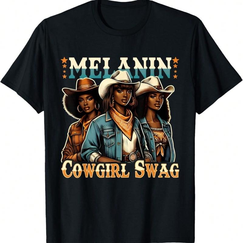 African Cowgirl Swag Cowgirls T-Shirt Cotton Fabric Day Fit Black Short Sleeve Round Neck Tops Women's Wear Cute Letter...