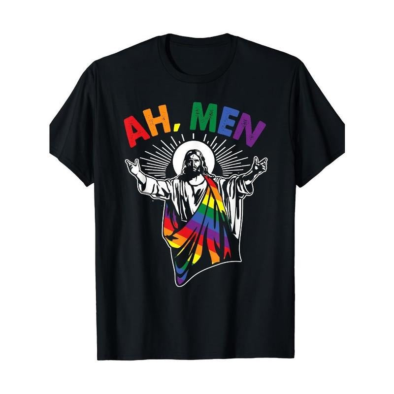 Ah Men Fun LGBT Gay Pride Jesus Rainbow Flag Christian Men's T-shirt Made in USA Hoodie, Sweatshirt | UrbanDripWear.com