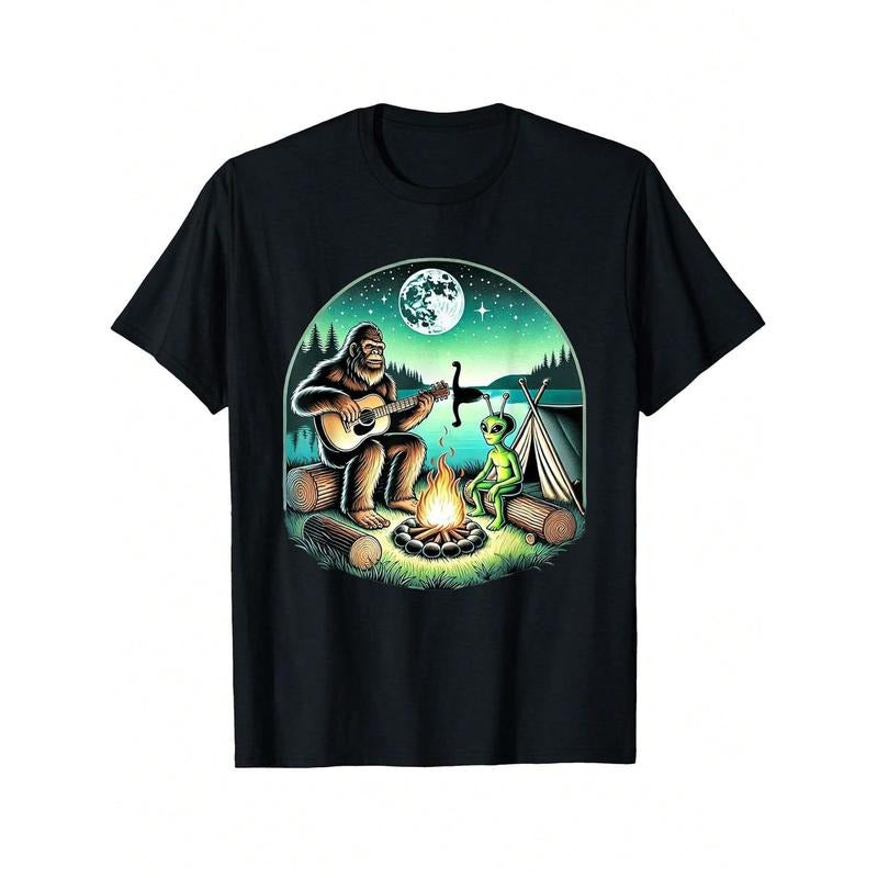 Alien And Big-Foot Loch Ness Campfire Sasquatch Guitar T-Shirt, Unisex Graphic T Shirts, Cotton Hoodie, Sweatshirt