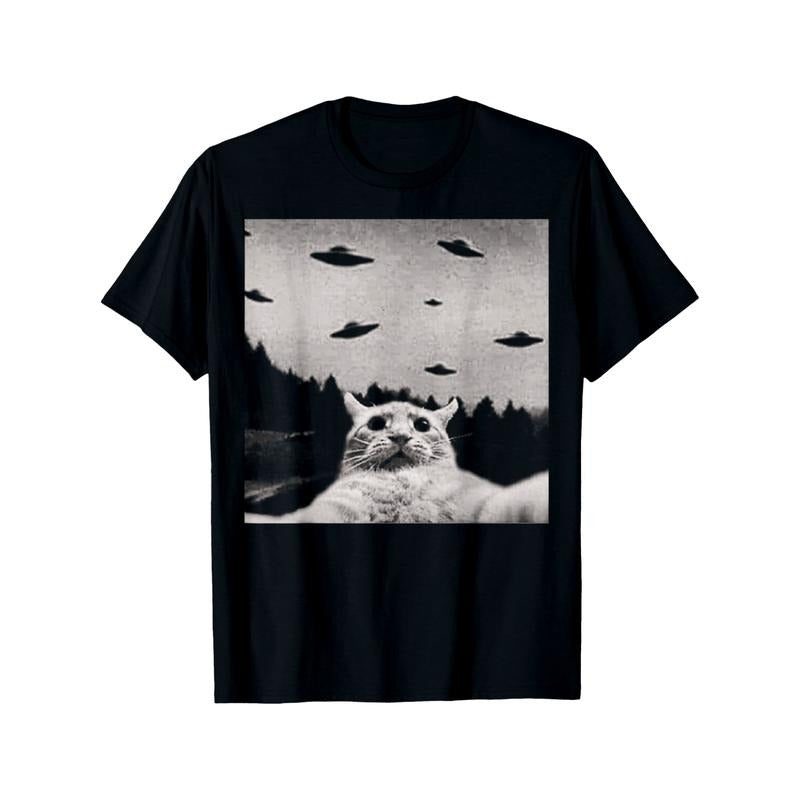 Alien Cat UFO T-Shirt Round Neck Halloween Tee for Men made in usa Hoodie, Sweatshirt | UrbanDripWear.com