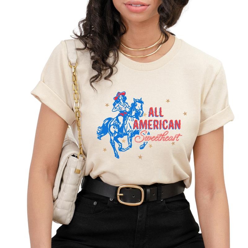 All American Sweetheart T-Shirts, Fourth Of July Shirt, Trendy July 4th T-Shirt, July Fourth Cowgirl Shirt, Western...