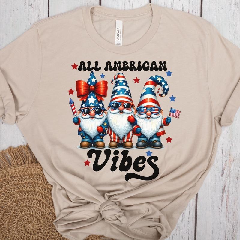 All American Vibes 4th Of July Shirt Gnomes Fourth Of July Usa Patriotic America Flag Funny Shirt American Blue Red Stars...
