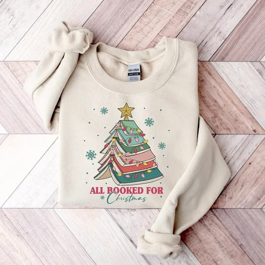 All Booked For Christmas Shirt Gift for Librarian,Bookworm Christmas Sweater,Christmas Book Tree Sweatshirt,Book Lovers Christmas Sweatshirt
