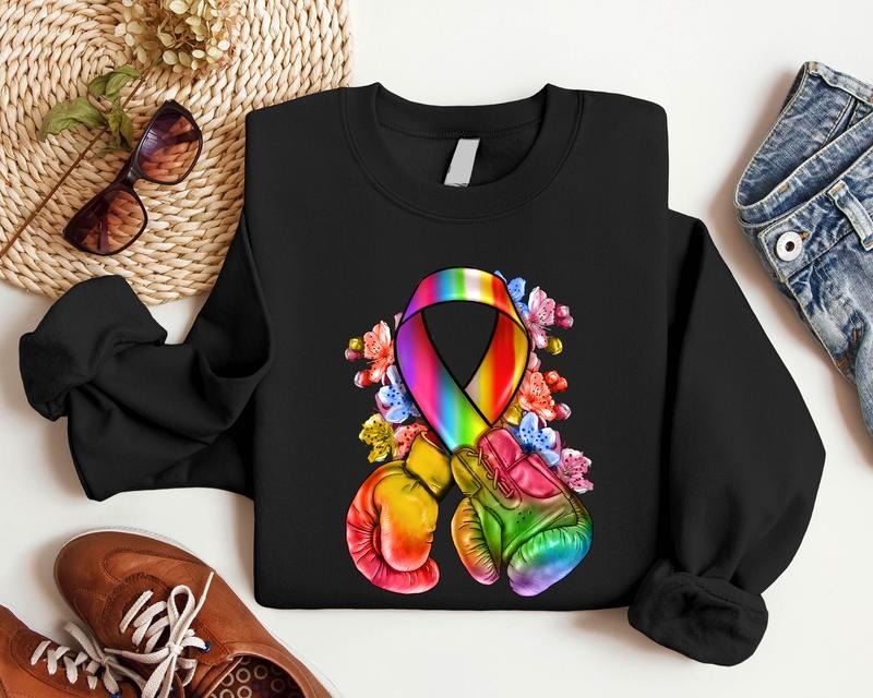 All Color Ribbon With Boxing Gloves Sweatshirt, Matching Warrior Support Squad, Cancer Awareness Hoodie, Colorful Cancer...