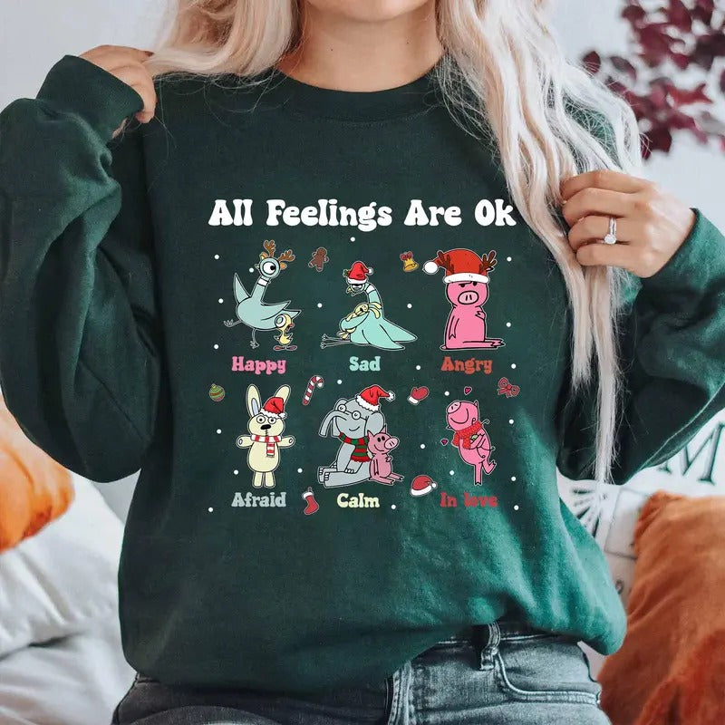 All Feelings Are Ok Shirt Elephant And Piggie Christmas Shirt Teacher Kid Christmas Shirt Christmas Trucks Shirt Book...