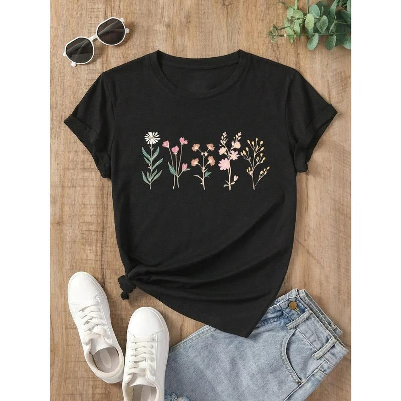 All Kinds of Beautiful Flowers Print Short Sleeve Sport Women T-Shirt Cosy Breathable Tops Women T Shirts Hoodie, Sweatshirt