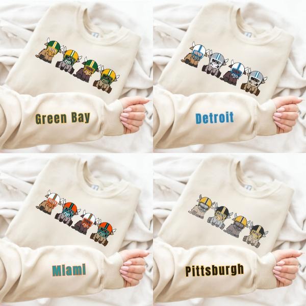 All Team Highland Cow Football Sweatshirt, Retro 90s Style Crewneck Pullover, Vintage Hometown Sport Graphic, Unisex...