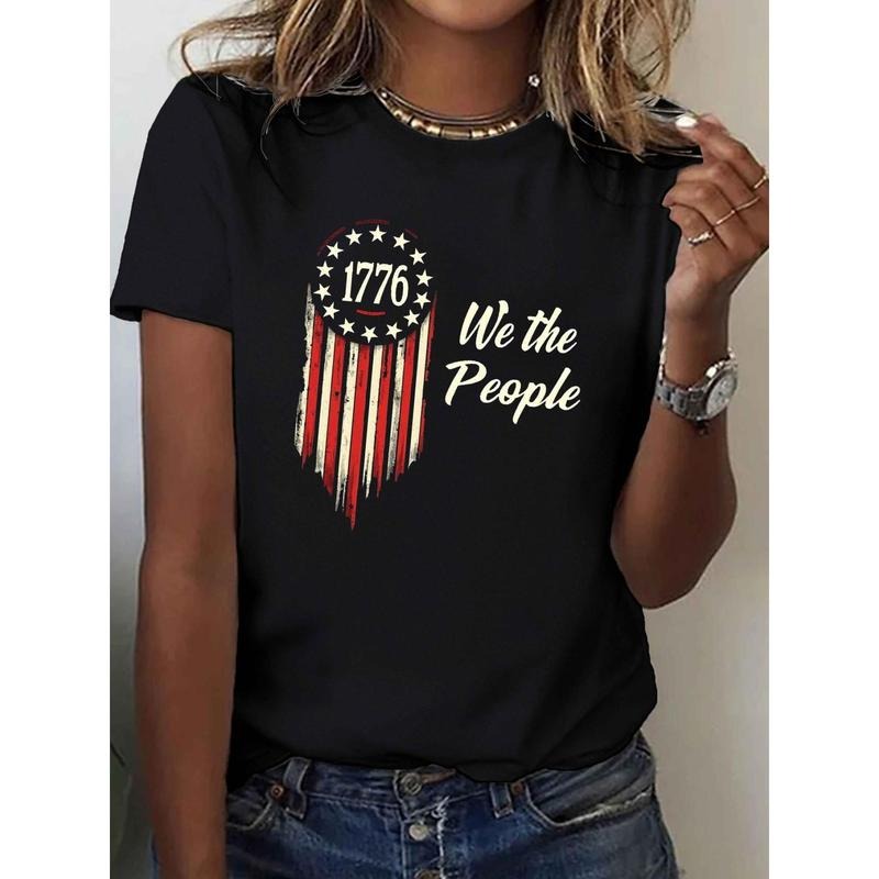 Allseason Apparel Women's Patriotic 1776 American Flag "WE THE PEOPLE" T-Shirt - Soft Pure Cotton Comfort Fit, Red with...