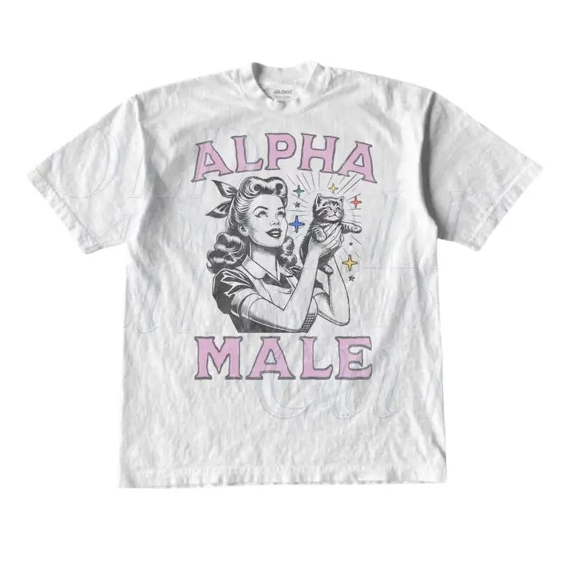 Alpha Male Kitten Retro Graphic T-Shirt, Vintage 1940 Pop Women Holding Kitten Shirt, Funny Sarcastic Cat Shirts, Cat...
