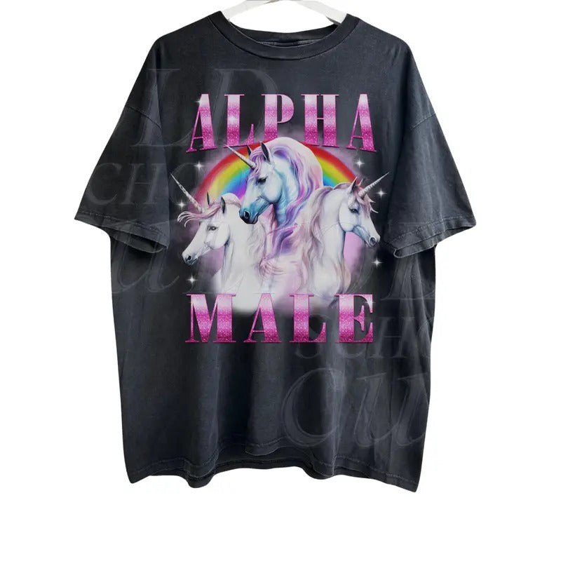 Alpha Male Unicorn Ironic Vintage 90s T-Shirt, Retro Funny Rainbow Unisex Tshirt,, Funny Weird Meme Shirt, Funny Graphic...