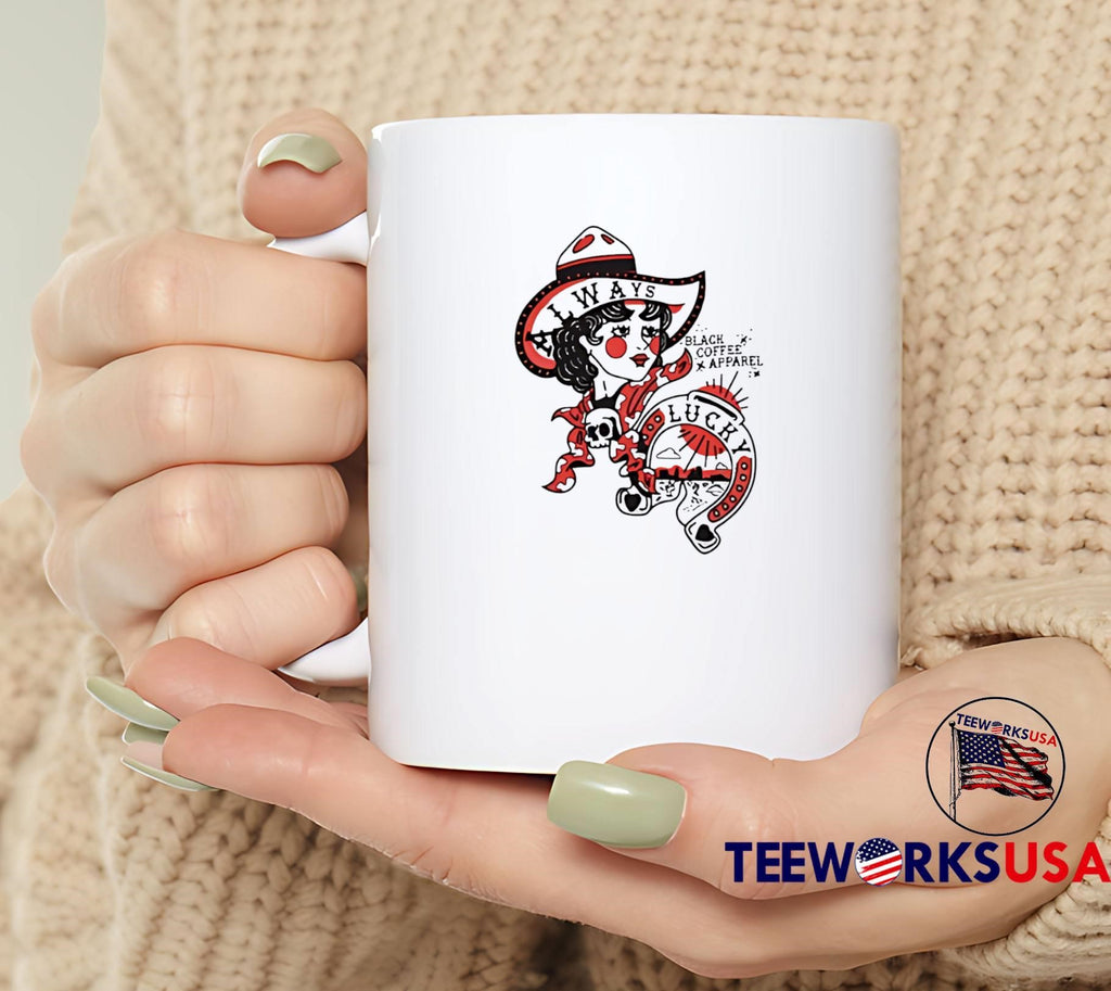 Always Lucky Black Coffee Apparel Cowgirl Horseshoe shirt